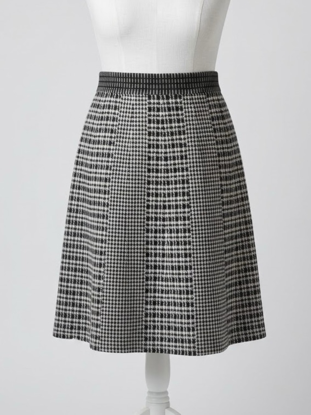 Knot & Tale Plaid Houndstooth Knit A-Line Midi Skirt Black White Elastic Waist X